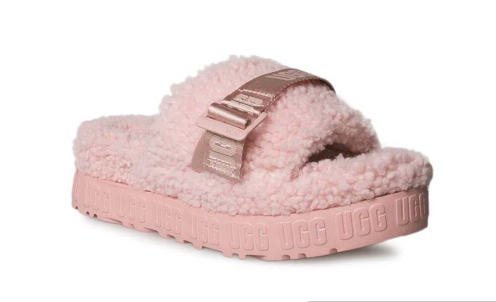 UGG Fluffita Pink Sheepskin Buckle Slide Sandals Women's Size 6